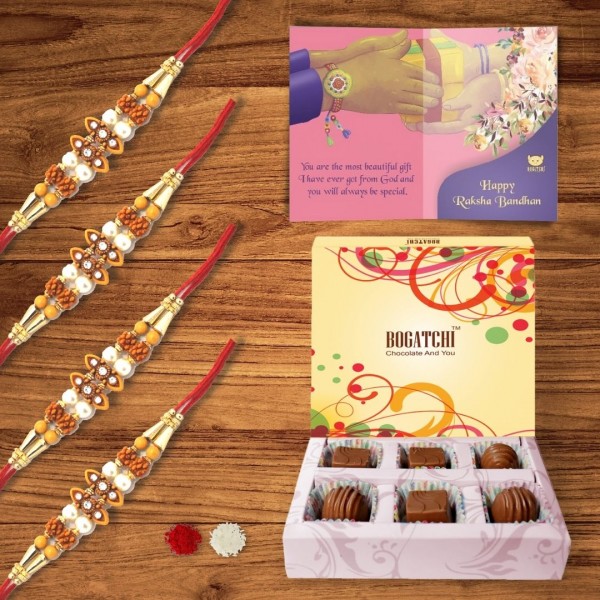 BOGATCHI 6 Chocolate Box 4 Rakhi Roli Chawal and Greeting Card C | Rakhi gifts | Rakhi with Gift Combo 